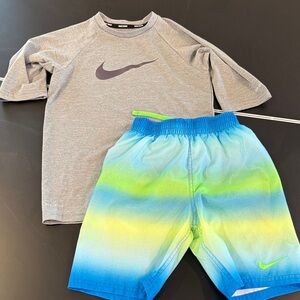 Nike Kids Gray Rashguard with Blue and Green Shorts
